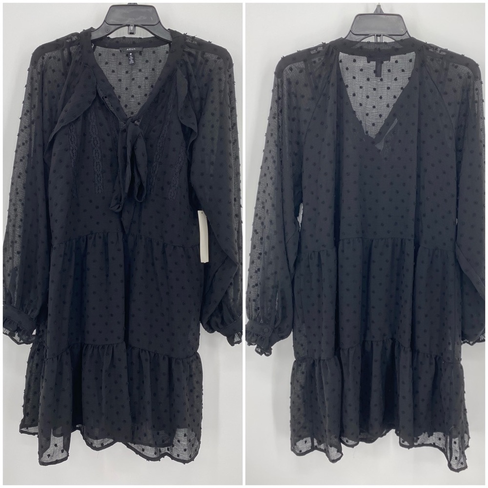 Aqua NWT Ruffle Clip Dot Mini Dress Pussy Bow Bishop Sleeves V Neck Black New - Picture 3 of 13